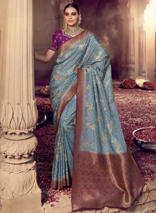 Blue Dola Silk Embroidered Wedding Saree