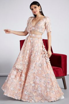 Peach Organza Floral Embroidered Bridal Lehenga Choli