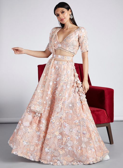 Peach Organza Floral Embroidered Bridal Lehenga Choli