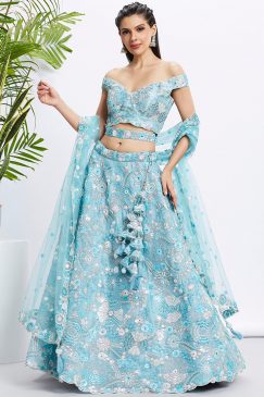 Sky Blue Floral Sequinned Bridal Lehenga Choli