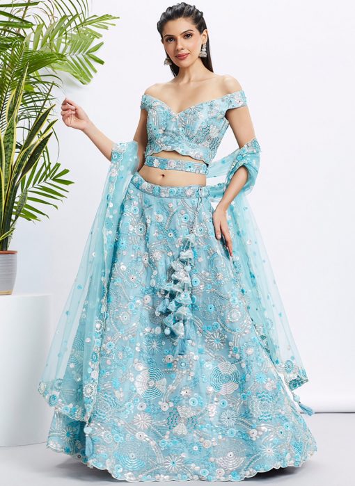Sky Blue Floral Sequinned Bridal Lehenga Choli