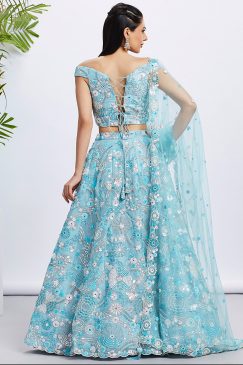 Alternative view of Sky Blue Floral Sequinned Bridal Lehenga Choli