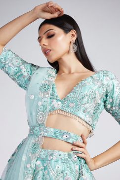 Alternative view of Turquoise Floral Sequinned Bridal Lehenga Choli