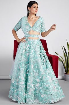 Turquoise Floral Sequinned Bridal Lehenga Choli