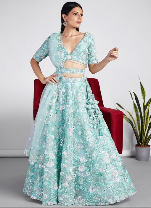 Turquoise Floral Sequinned Bridal Lehenga Choli