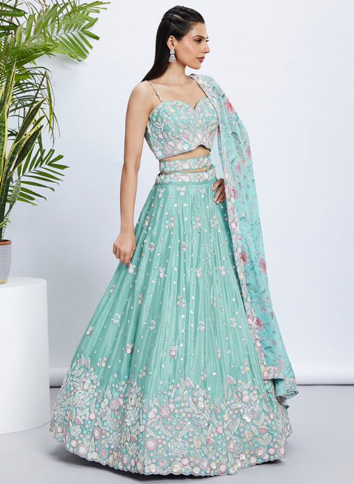 Sea Green Poly Chiffon Embroidered Wedding Party Lehenga Choli