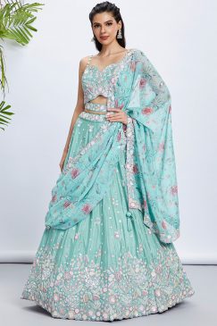 Sea Green Floral Sequinned Wedding Lehenga Choli