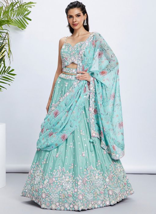 Sea Green Floral Sequinned Wedding Lehenga Choli