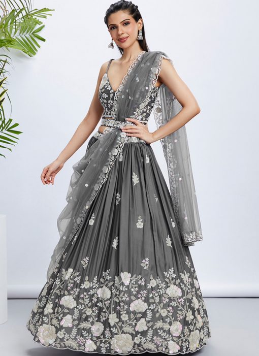 Grey Floral Sequinned Wedding Lehenga Choli