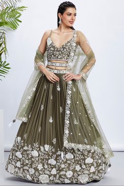 Olive Floral Sequinned Wedding Lehenga Choli