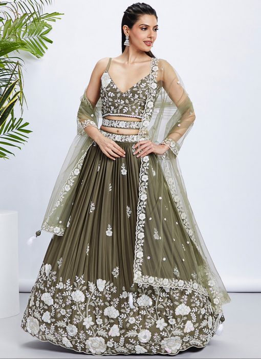 Olive Floral Sequinned Wedding Lehenga Choli