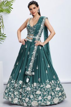 Turquoise Floral Sequinned Wedding Lehenga Choli