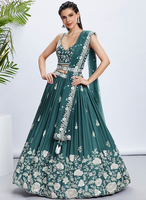 Turquoise Floral Sequinned Wedding Lehenga Choli