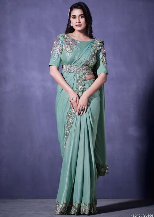Sea Green Crepe Silk Designer Saree