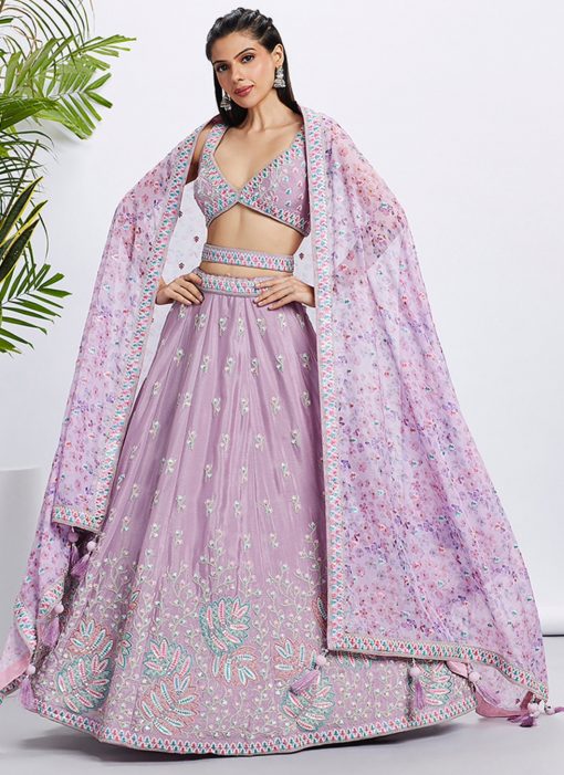 Lavender Floral Sequinned Wedding Lehenga Choli