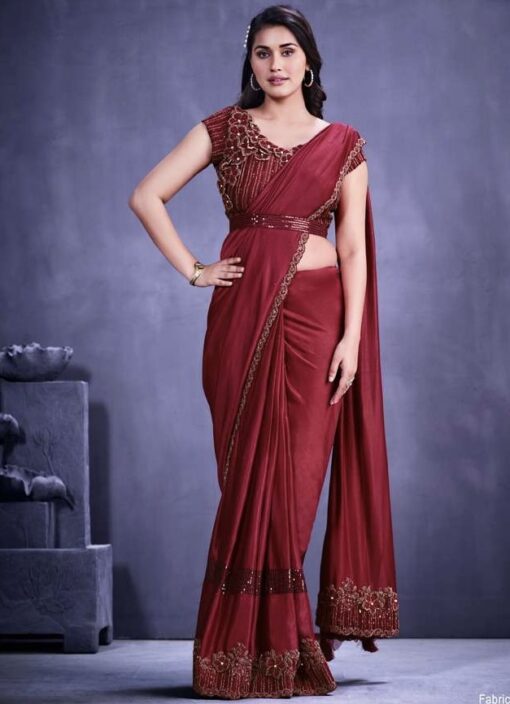 Red Crepe Lycra Designer Saree