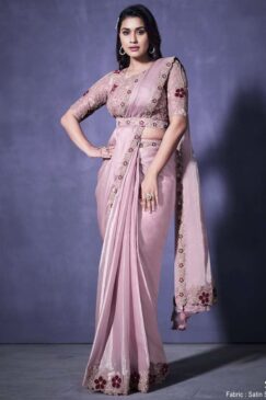 Pink Satin Silk Crepe Designer Saree