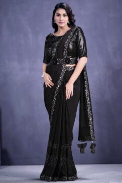 Black Crepe Silk Designer Saree