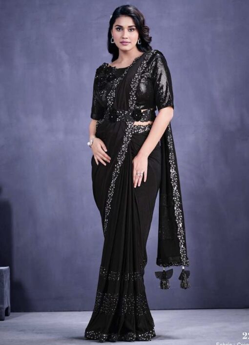 Black Crepe Silk Designer Saree