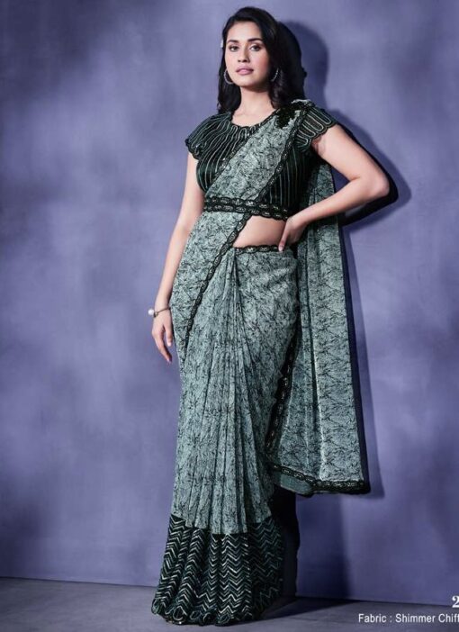 Green Chiffon Lycra Designer Saree