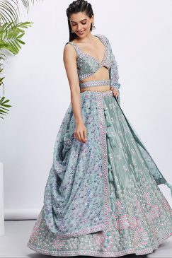Green Floral Sequinned Wedding Lehenga Choli