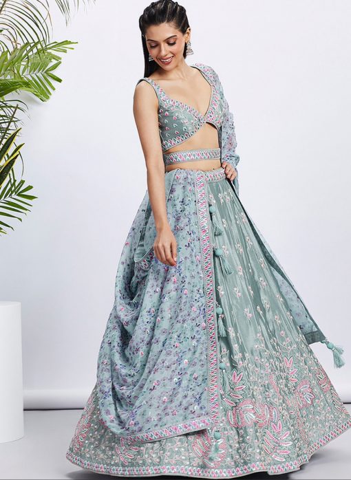 Green Floral Sequinned Wedding Lehenga Choli