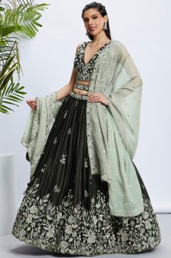 Olive Green Floral Sequinned Wedding Lehenga Choli