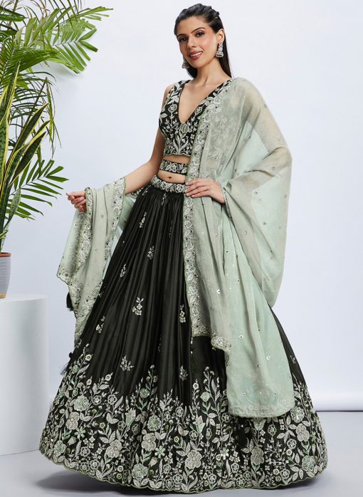 Olive Green Floral Sequinned Wedding Lehenga Choli