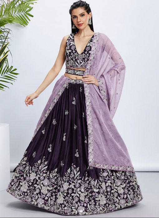 Purple Floral Sequinned Wedding Lehenga Choli