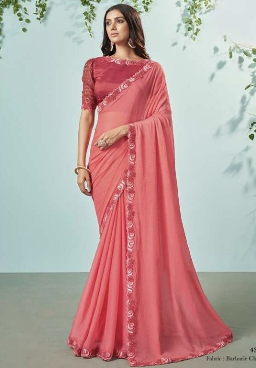 Coral Chiffon Silk Designer Saree