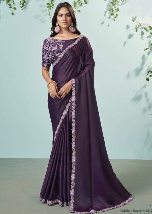 Dark Purple Crepe Silk Designer Saree