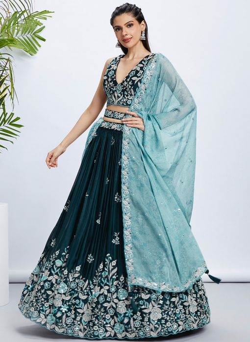 Teal Floral Sequinned Wedding Lehenga Choli