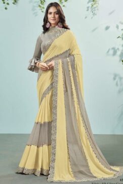 Yellow & Grey Shimmer Georgette Designer Saree
