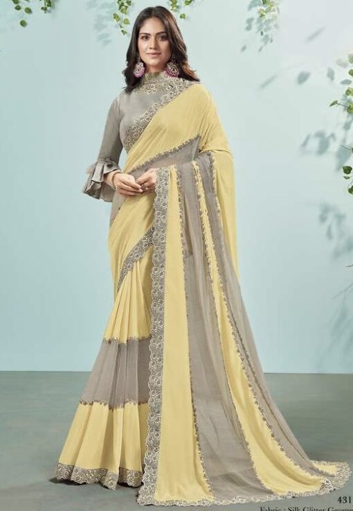 Yellow & Grey Shimmer Georgette Designer Saree