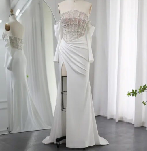 Bustier Style Sequin Embellished High Split Bridal Evening Dress