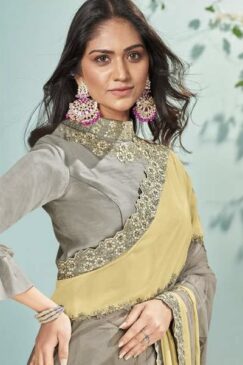 Alternative view of Yellow & Grey Shimmer Georgette Designer Saree