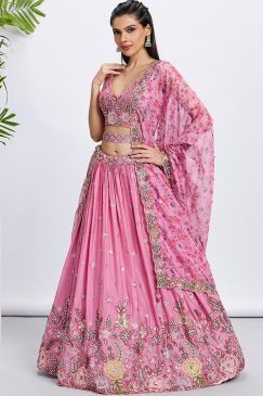 Pink Floral Sequinned Wedding Lehenga Choli