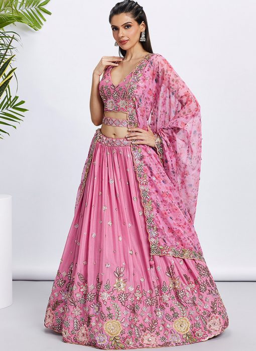 Pink Floral Sequinned Wedding Lehenga Choli