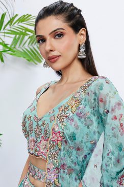 Alternative view of Turquoise Floral Sequinned Wedding Lehenga Choli