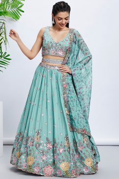 Turquoise Floral Sequinned Wedding Lehenga Choli