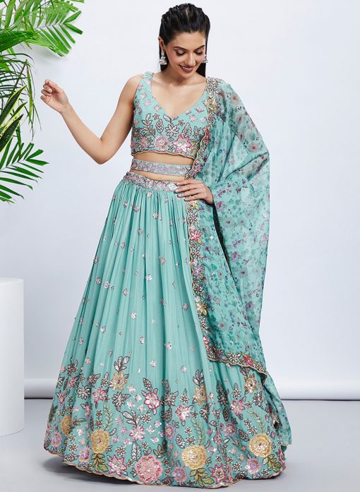 Turquoise Floral Sequinned Wedding Lehenga Choli