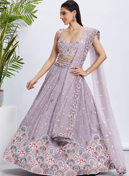 Mauve Floral Sequinned Wedding Lehenga Choli