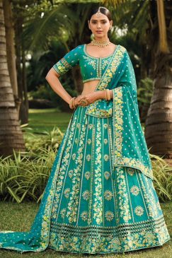 Turquoise Banarasi Silk Embroidered Bridal Lehenga Choli