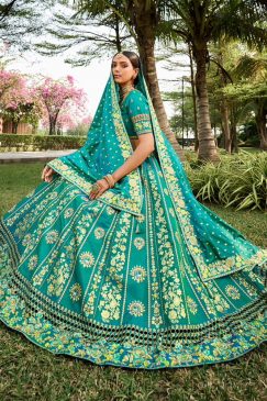 Alternative view of Turquoise Banarasi Silk Embroidered Bridal Lehenga Choli
