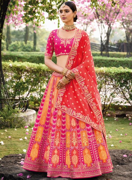 Multicoloured Banarasi Silk Embroidered Bridal Lehenga Choli