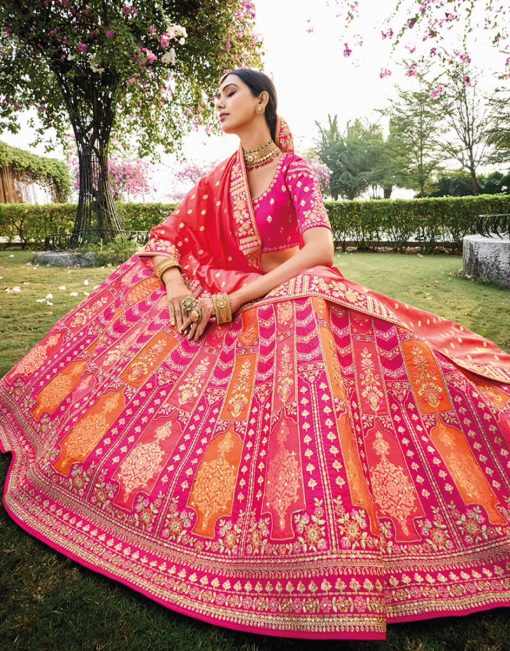 Traditional Multicolor Banarasi Silk Embroidered Bridal Lehenga Choli