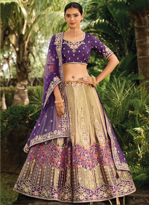 Purple Banarasi Silk Embroidered Bridal Lehenga Choli
