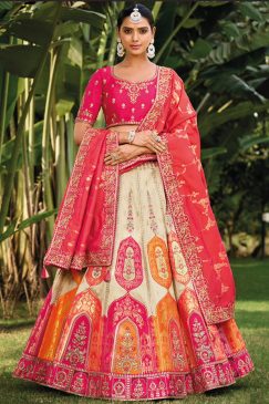 Off White & Pink Banarasi Silk Embroidered Bridal Lehenga Choli