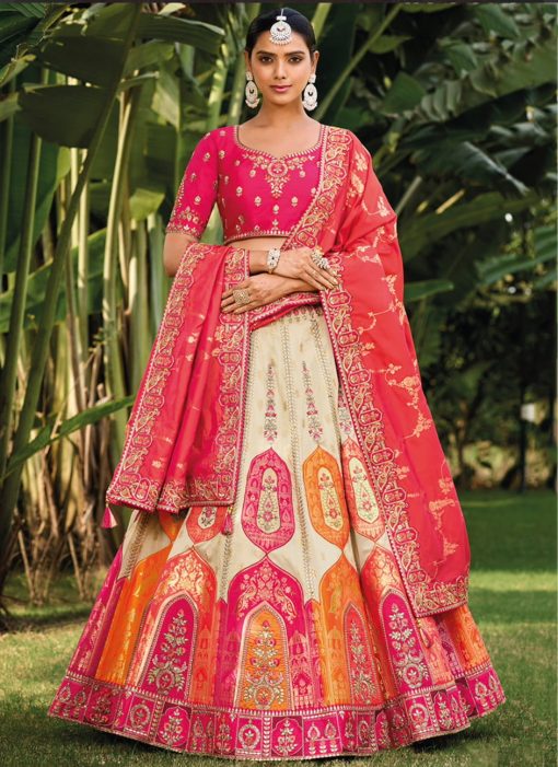 Off White & Pink Banarasi Silk Embroidered Bridal Lehenga Choli