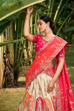 Alternative view of Off White & Pink Banarasi Silk Embroidered Bridal Lehenga Choli